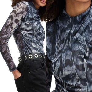 AllSaints Tia Long Sleeve Mesh Top Inez Blue Abstract Print Mock Neck Size 8